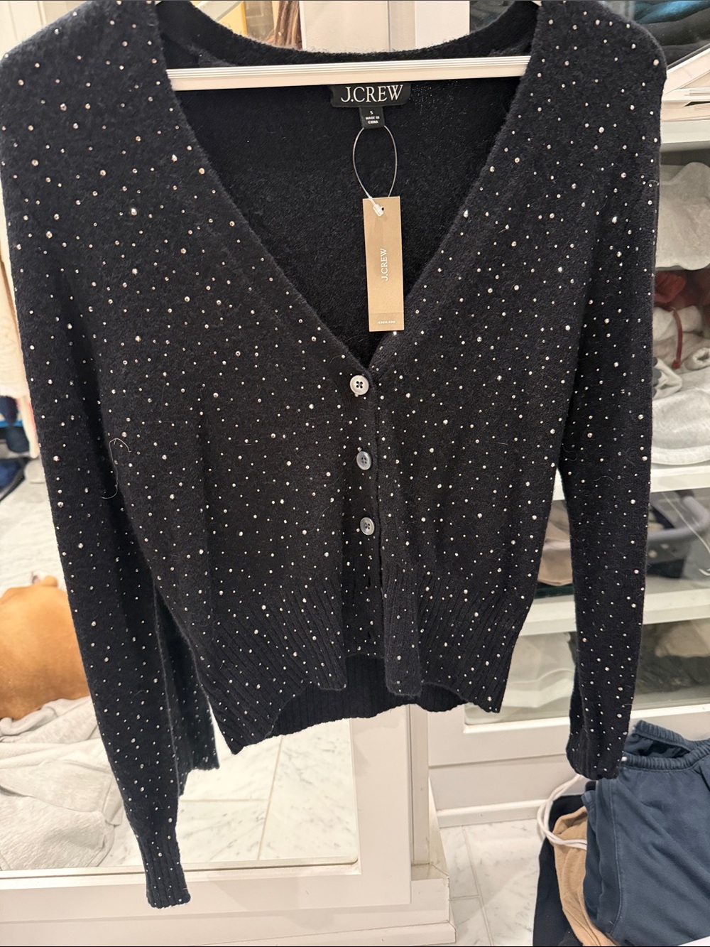 J. Crew Black Cardigan with White Dot Embellishment